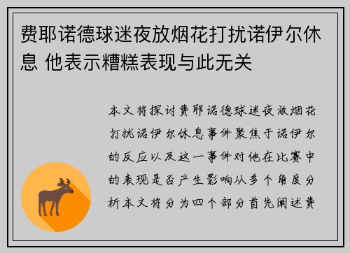 费耶诺德球迷夜放烟花打扰诺伊尔休息 他表示糟糕表现与此无关