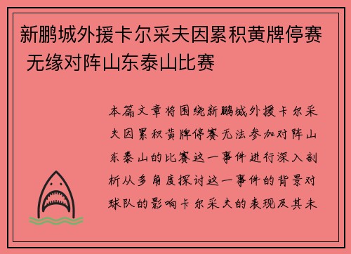 新鹏城外援卡尔采夫因累积黄牌停赛 无缘对阵山东泰山比赛