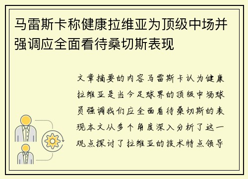 马雷斯卡称健康拉维亚为顶级中场并强调应全面看待桑切斯表现