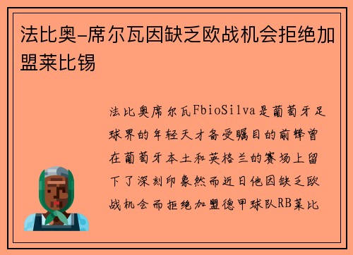 法比奥-席尔瓦因缺乏欧战机会拒绝加盟莱比锡