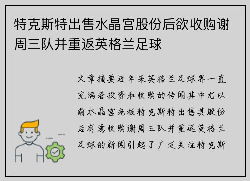 特克斯特出售水晶宫股份后欲收购谢周三队并重返英格兰足球